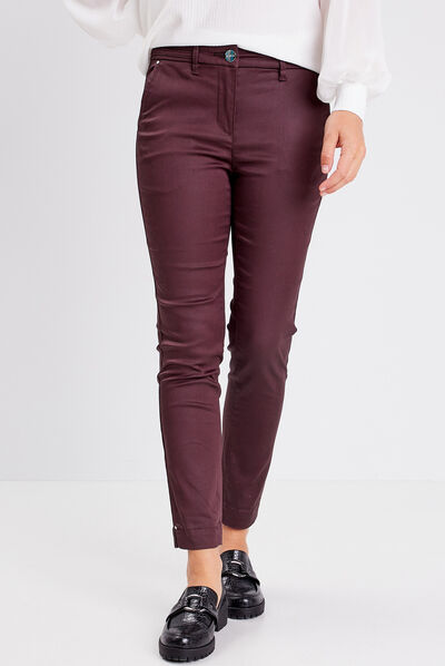 Pantalon ajusté enduit 7/8ème marron foncé femme