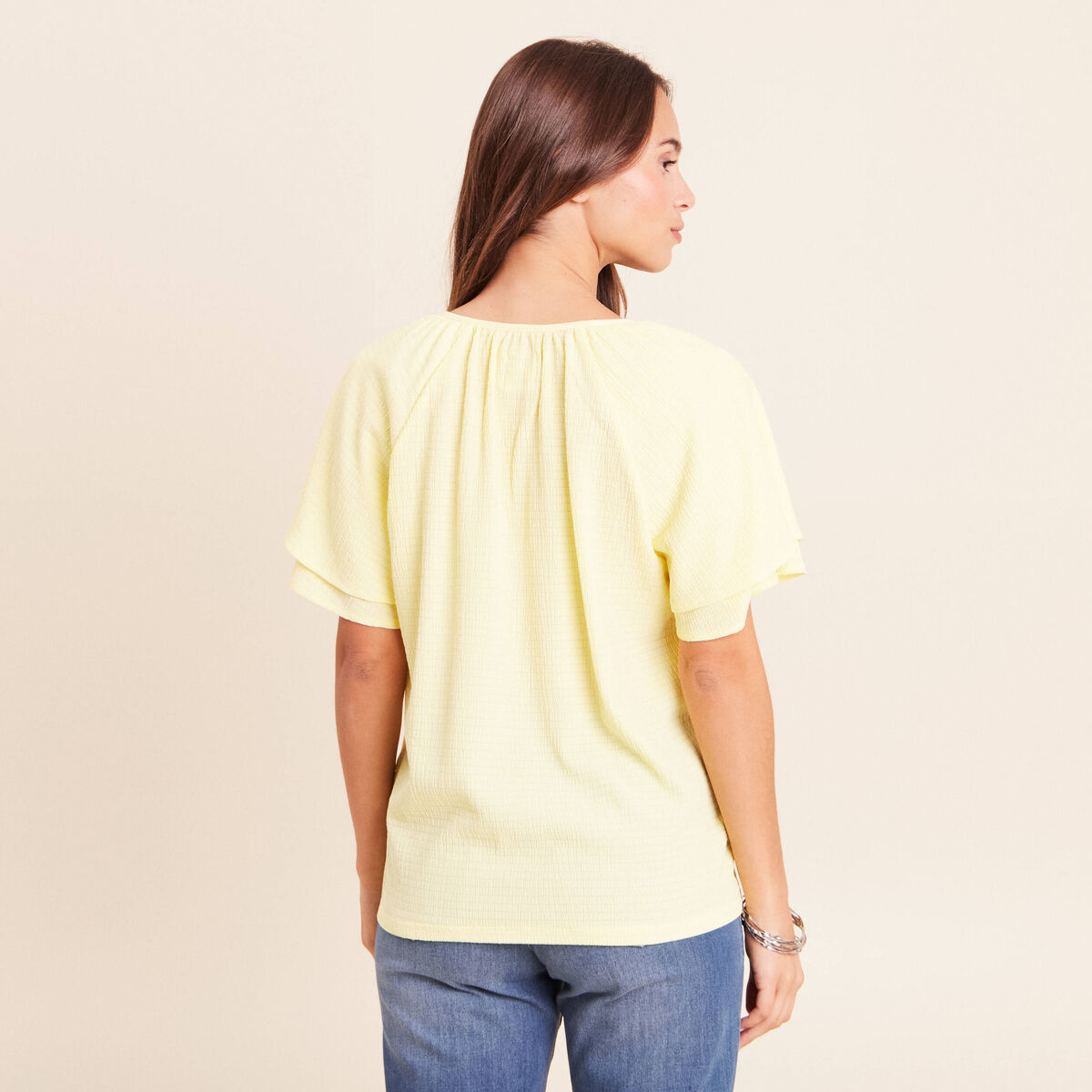 Blouse col v manches coudes jaune pastel femme