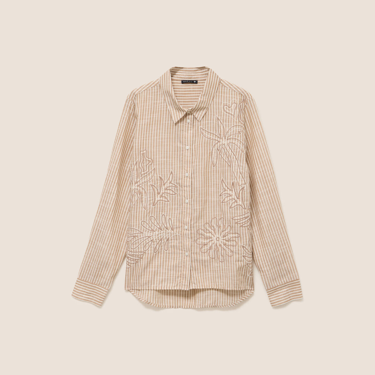 Chemise en coton brod&eacute;e manches longues marron femme