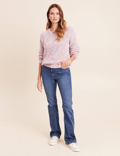 Pull droit long col v manches longues rose fushia femme