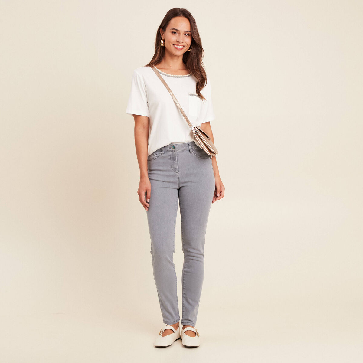 Jean magique ajusté taille standard denim gris femme