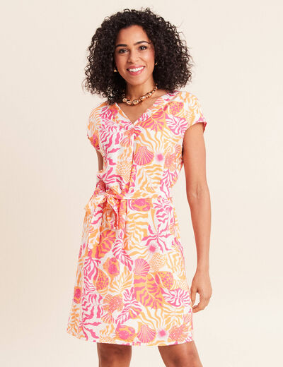 Robe droite courte col v manches courtes rose corail femme