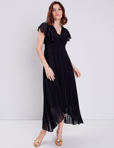 Robe longue évasée à volants noir femme