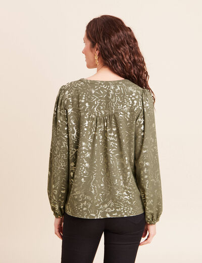 Blouse ample col v manches longues vert kaki femme