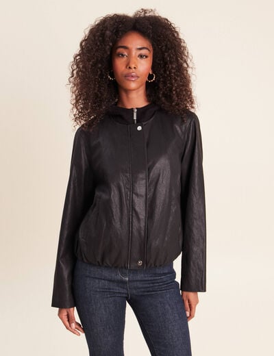 Blouson capuche bas resserr&eacute; similicuir noir femme