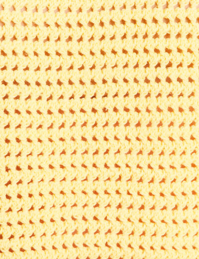 Pull ajour&eacute; sans manches col rond jaune pastel femme