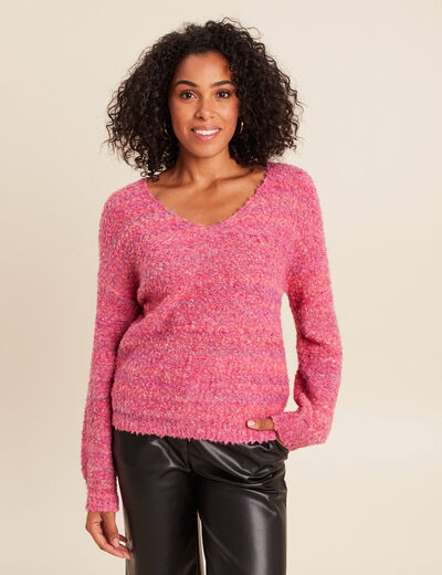 Pull col v manches longues rose fushia femme