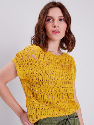 Pull manches courtes ajoures jaune clair femme