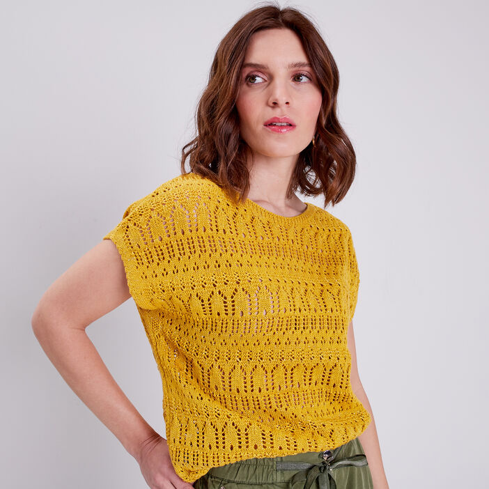 Pull manches courtes ajourés jaune clair femme