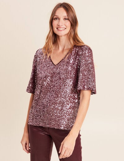 T-shirt &agrave; sequins manches coudes bordeaux femme