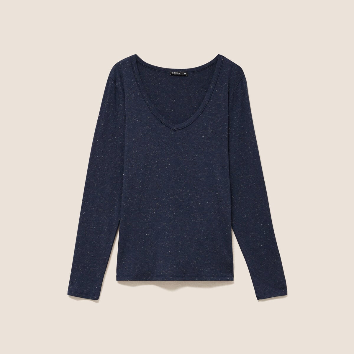 T-shirt ajust&eacute; col v manches longues bleu marine femme