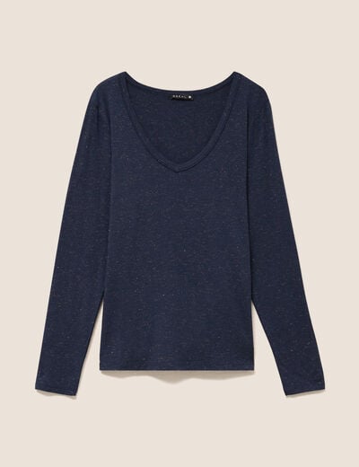 T-shirt ajust&eacute; col v manches longues bleu marine femme