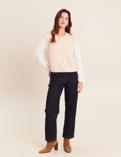 Gilet bi-mati&egrave;re col rond ivoire femme