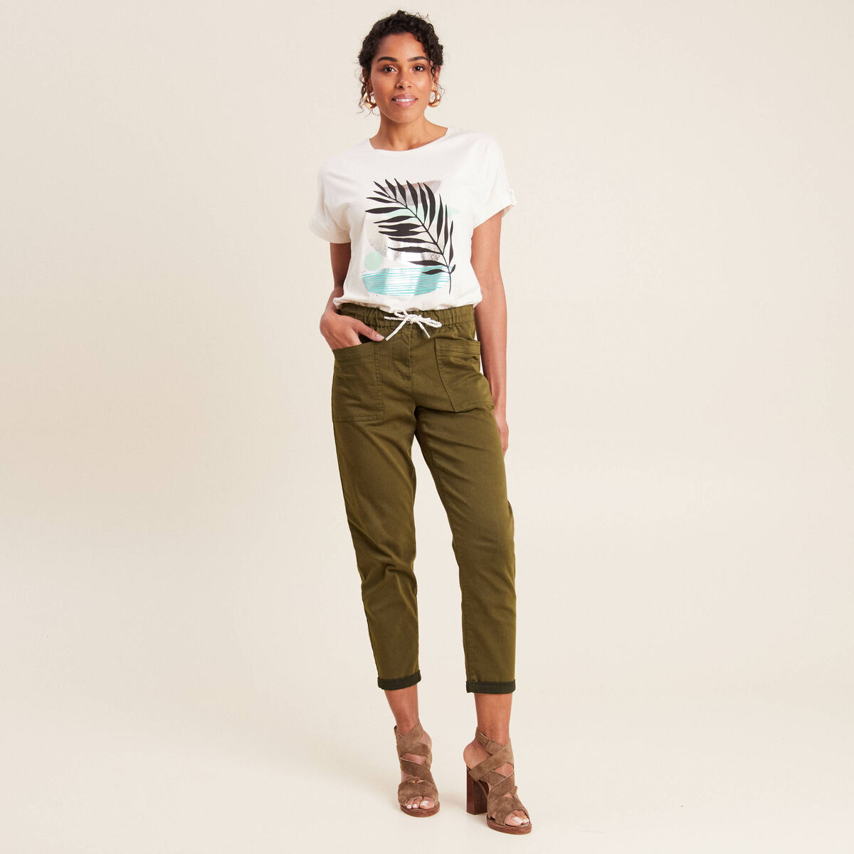 Pantalon coupe mom 7/8&egrave;me vert olive femme