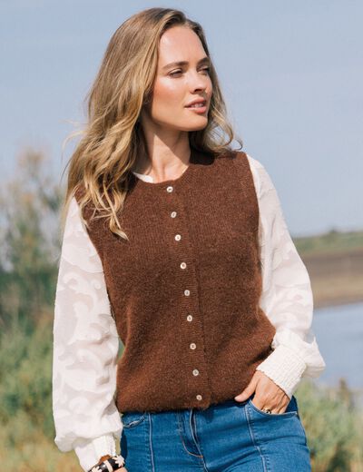 Gilet droit mi-long sans manches marron foncé femme