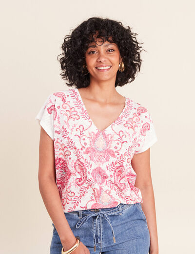 T-shirt macram&eacute; manches courtes ecru femme