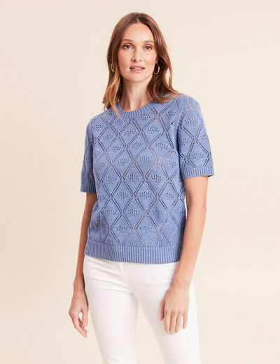 Pull droit court manches courtes bleu ciel femme