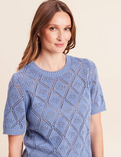 Pull droit court manches courtes bleu ciel femme
