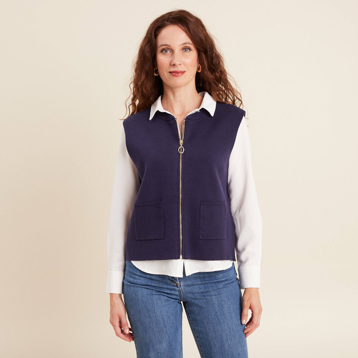 Gilet droit court sans manches bleu marine femme