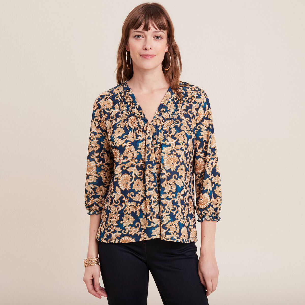 Blouse manches 3/4 col smocké bleu foncé femme