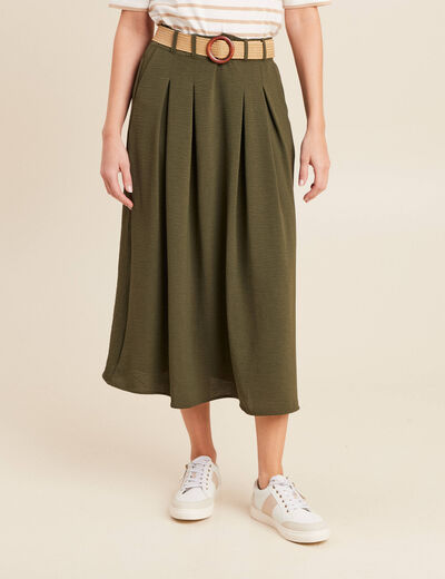 Jupe longue évasée ceinturée vert kaki femme