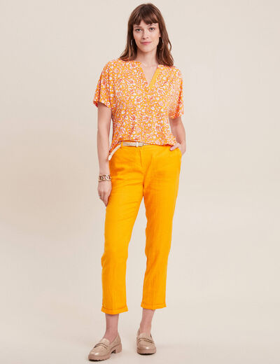 Pantalon coupe chino en lin ceintur&eacute; jaune or femme