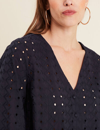 Chemise manches 3/4 brodée bleu foncé femme
