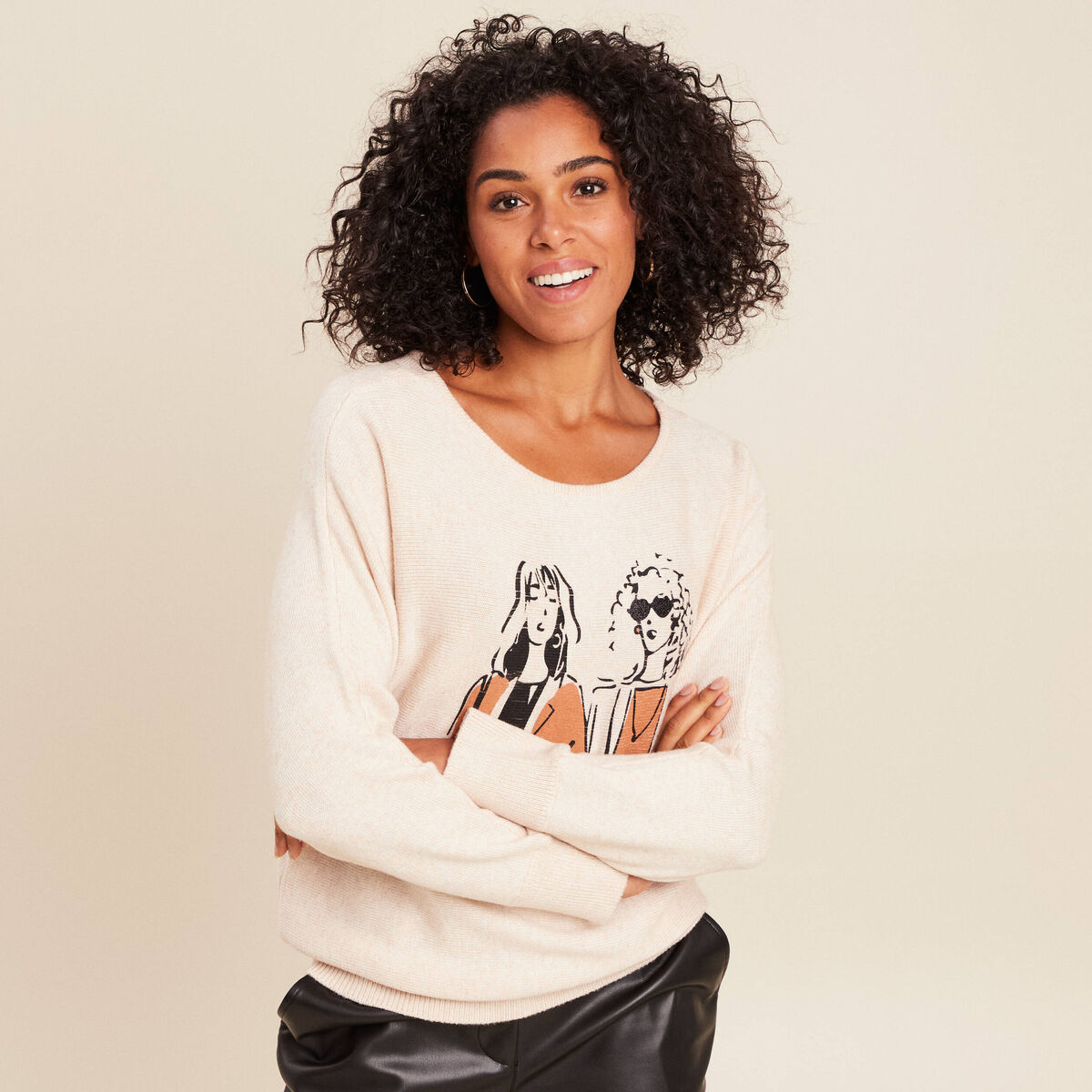 Pull col rond manches longues creme femme