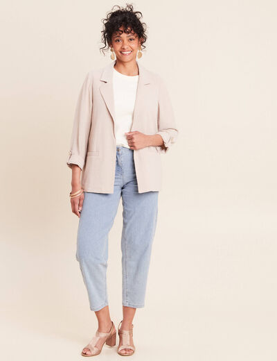 Veste longue droite col tailleur gris clair femme