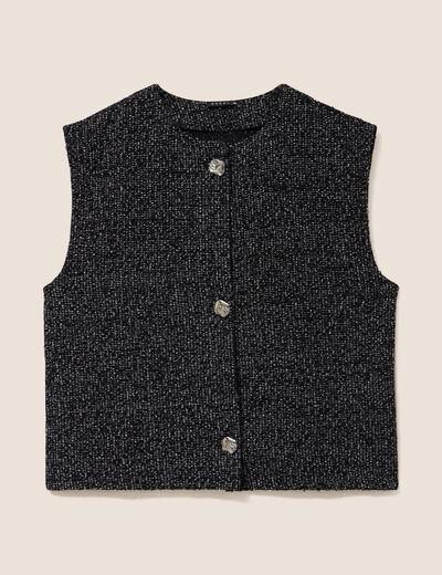 Gilet tweed droit court sans manches noir femme