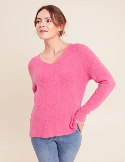 Pull col v manches longues rose fushia femme
