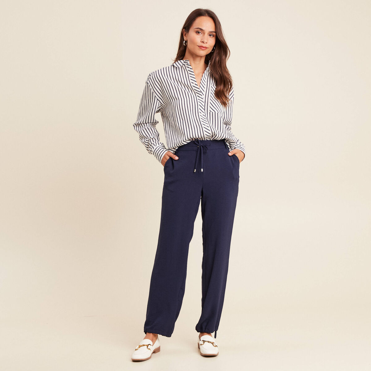 Pantalon large taille standard bleu foncé femme