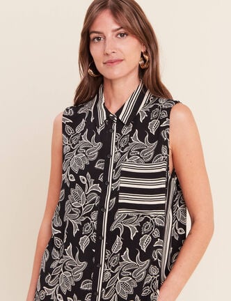 Chemise sans manches col chemise noir femme