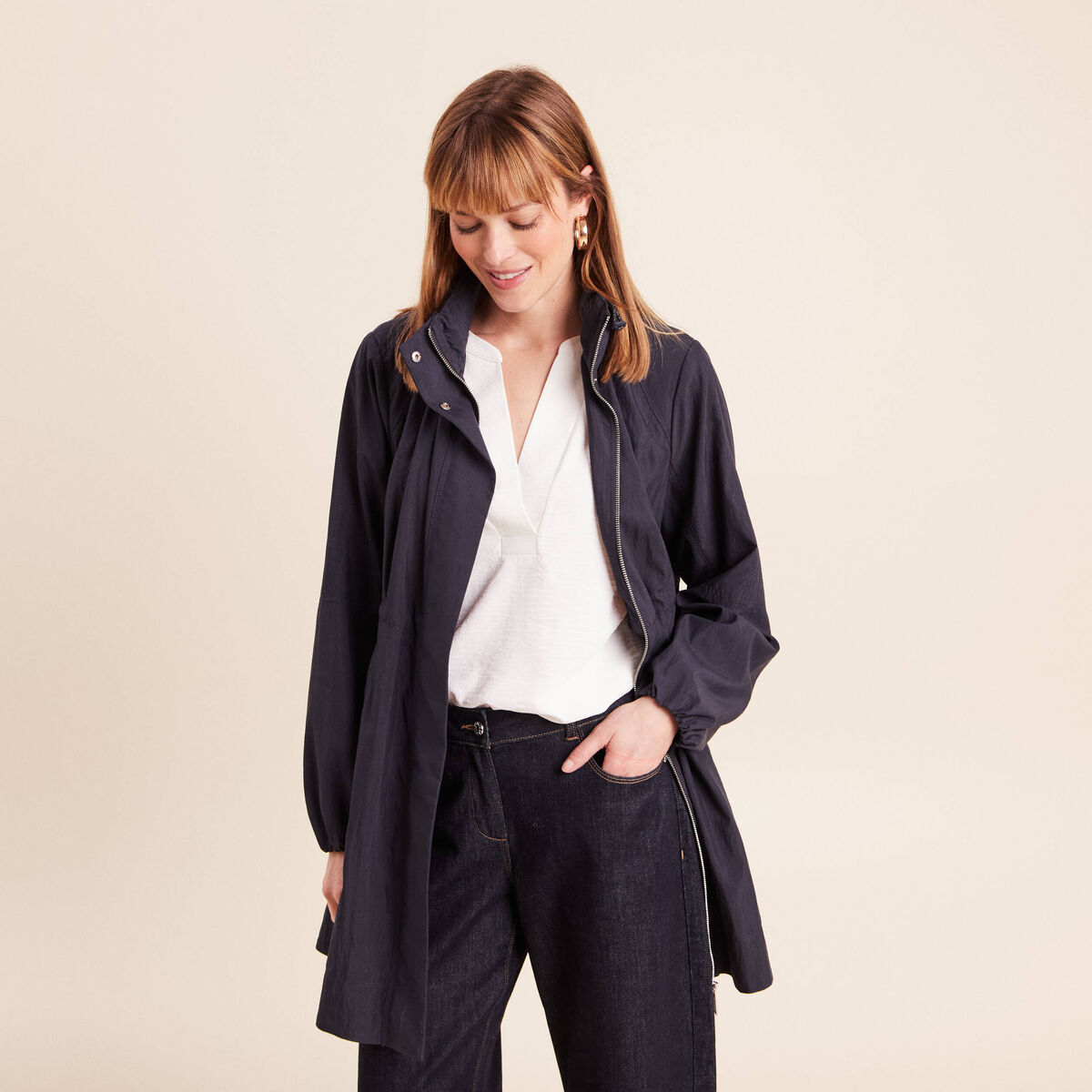 Parka cintr&eacute;e longue doubl&eacute;e bleu fonc&eacute; femme