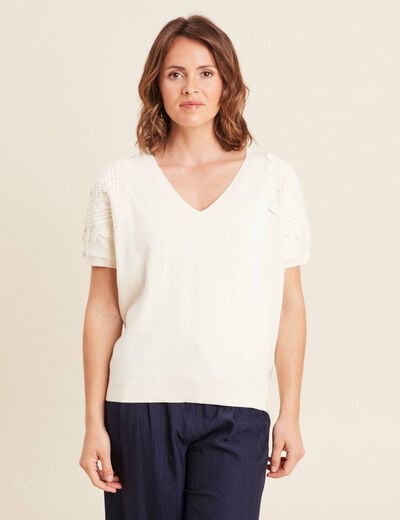 Pull col V manches courtes ecru femme