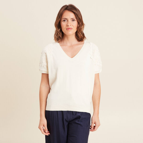pull col v manches courtes ecru femme Pull col V manches courtes ecru femme