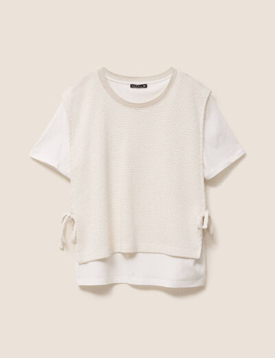 Pull col rond manches courtes ecru femme