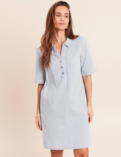 Robe droite courte en jean col chemise bleu femme