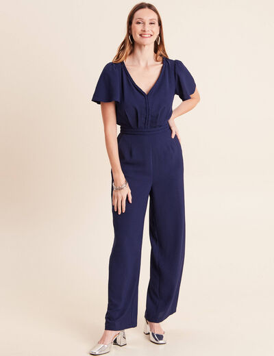 Combinaison large col v manches courtes bleu marine femme