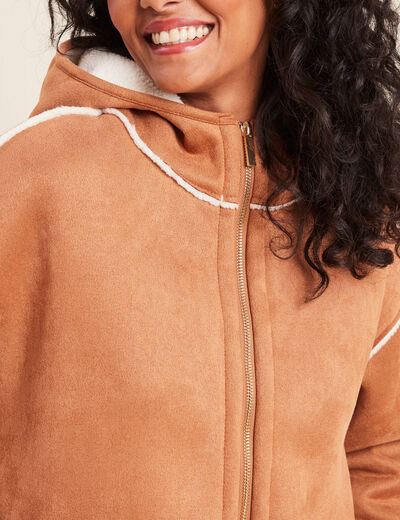 Manteau suédine à capuche marron femme