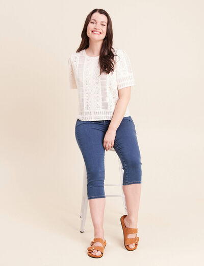 T-shirt col rond &agrave; dentelle ecru femme
