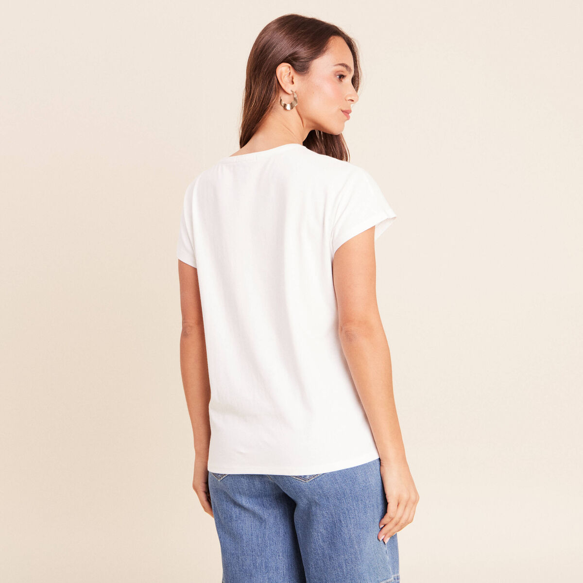 T-shirt col rond manches courtes brod&eacute; ecru femme