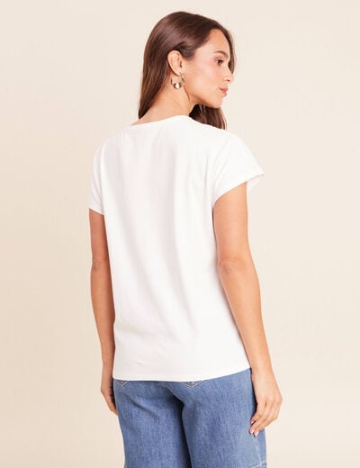 T-shirt col rond manches courtes brod&eacute; ecru femme