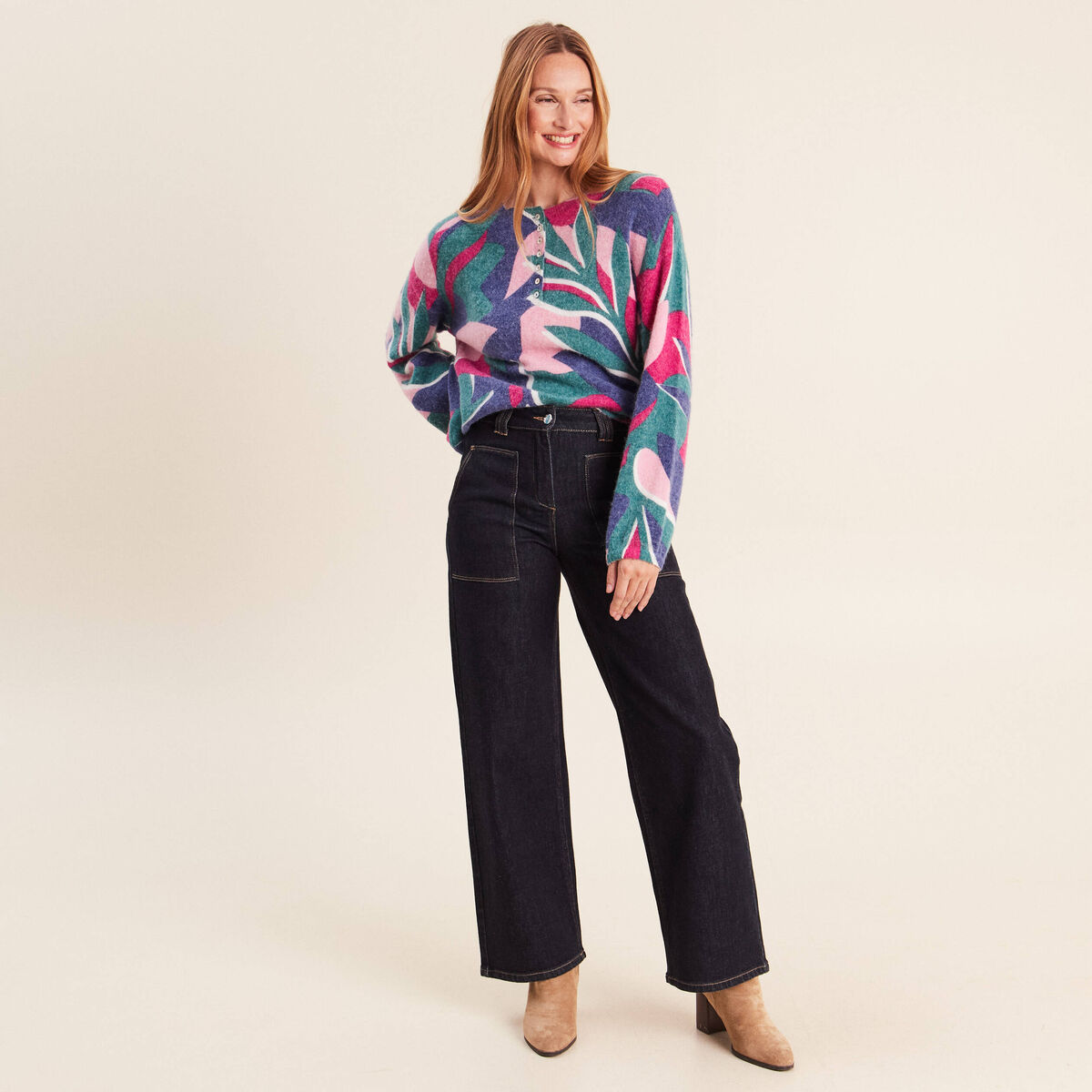 Pull col tunisien bleu femme