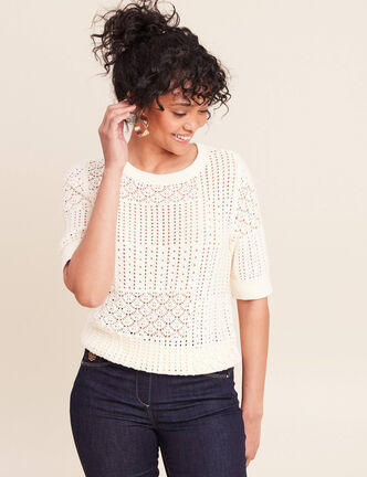 Pull ajour&eacute; col rond manches courtes ecru femme