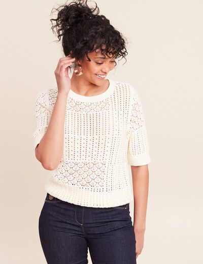 Pull ajour&eacute; col rond manches courtes ecru femme