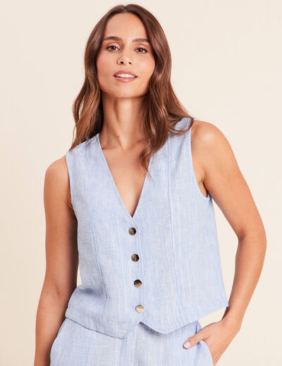 Chemise cintr&eacute;e sans manches col v bleu femme
