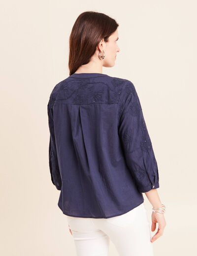 Blouse col tunisien manches 3/4 bleu marine femme