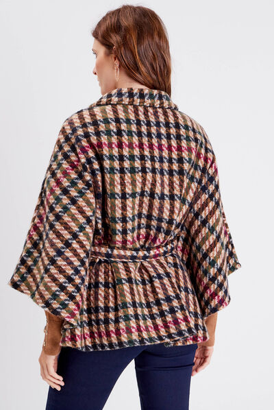 Poncho boutonné ceinturé ecru femme