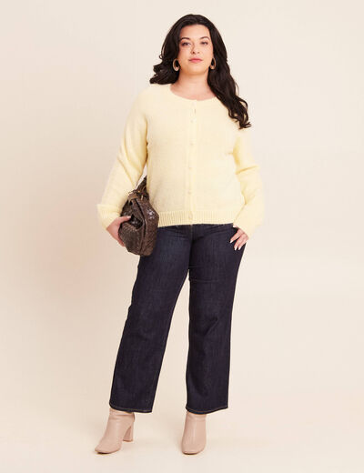 Gilet manches longues col rond jaune pastel femme